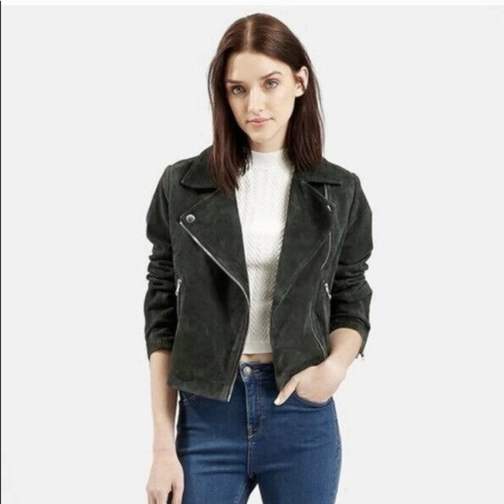 Topshop Green Suede Leather Moto Jacket, Caddy Moto Jacket
